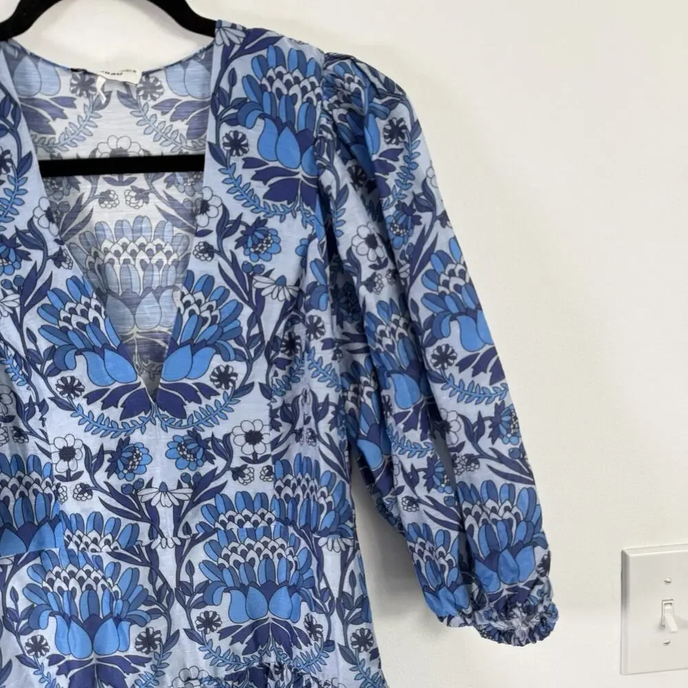 Sandro Yana Blue Floral Mini Dress V-Neck Puff Sleeve Linen READ Womens 40 US 8 - Picture 3 of 9